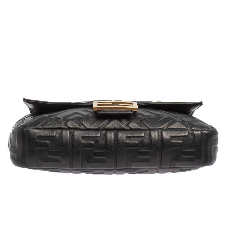 Pre Owned Fendi Black Zucca Embossed Leather Medium Baguette Bag