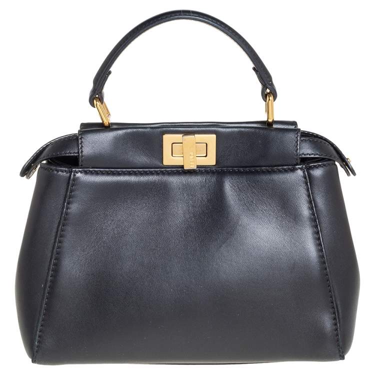 Pre Owned Fendi Black Leather Mini Peekaboo Top Handle Bag