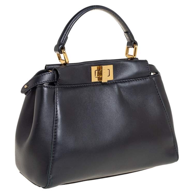 Pre Owned Fendi Black Leather Mini Peekaboo Top Handle Bag