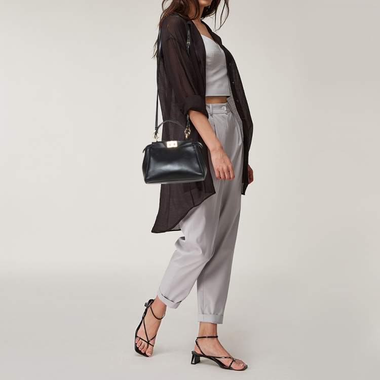 Pre Owned Fendi Black Leather Mini Peekaboo Top Handle Bag