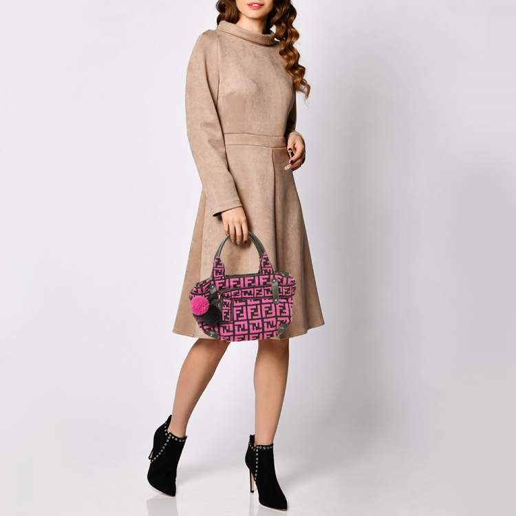 Pre Owned Fendi Pink Woven Zucca Fabric Vintage Pom Pom Small Satchel