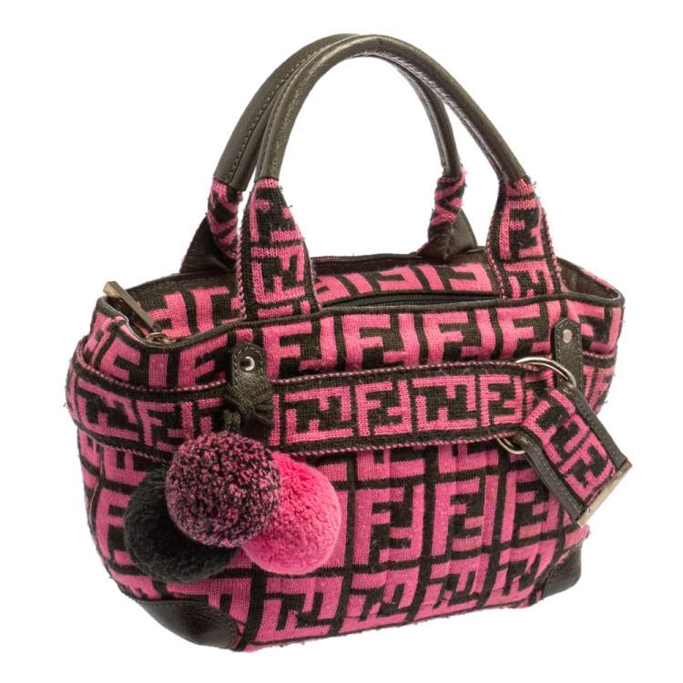 Pre Owned Fendi Pink Woven Zucca Fabric Vintage Pom Pom Small Satchel