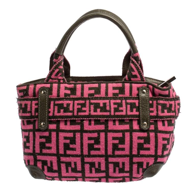 Pre Owned Fendi Pink Woven Zucca Fabric Vintage Pom Pom Small Satchel