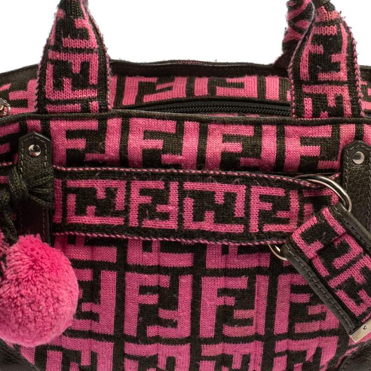 Pre Owned Fendi Pink Woven Zucca Fabric Vintage Pom Pom Small Satchel