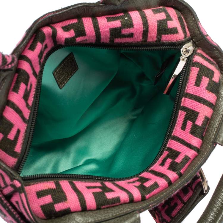 Pre Owned Fendi Pink Woven Zucca Fabric Vintage Pom Pom Small Satchel