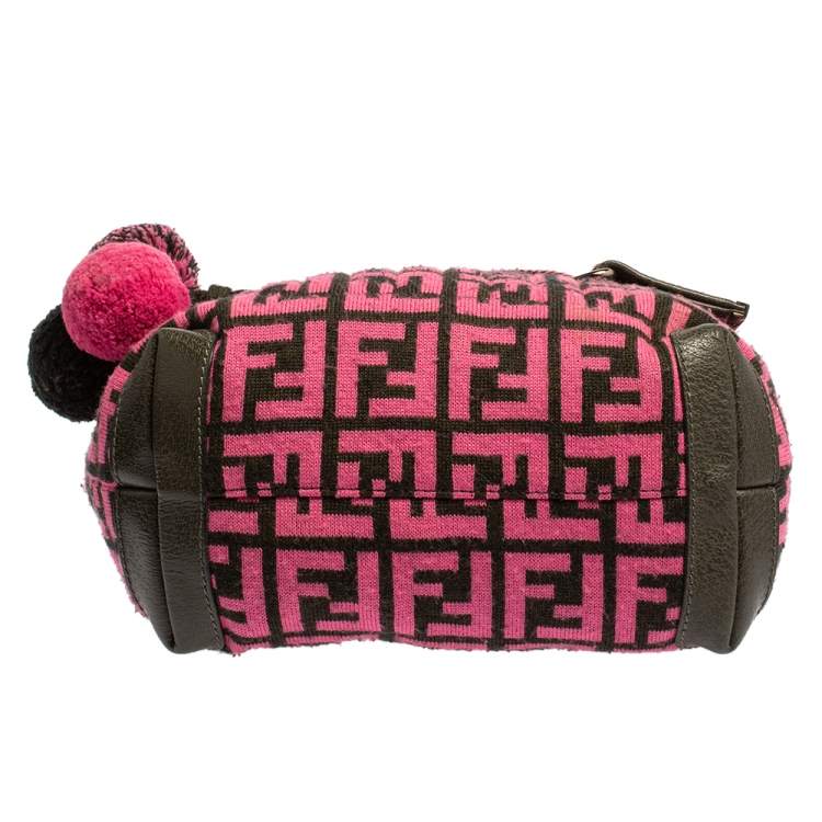 Pre Owned Fendi Pink Woven Zucca Fabric Vintage Pom Pom Small Satchel