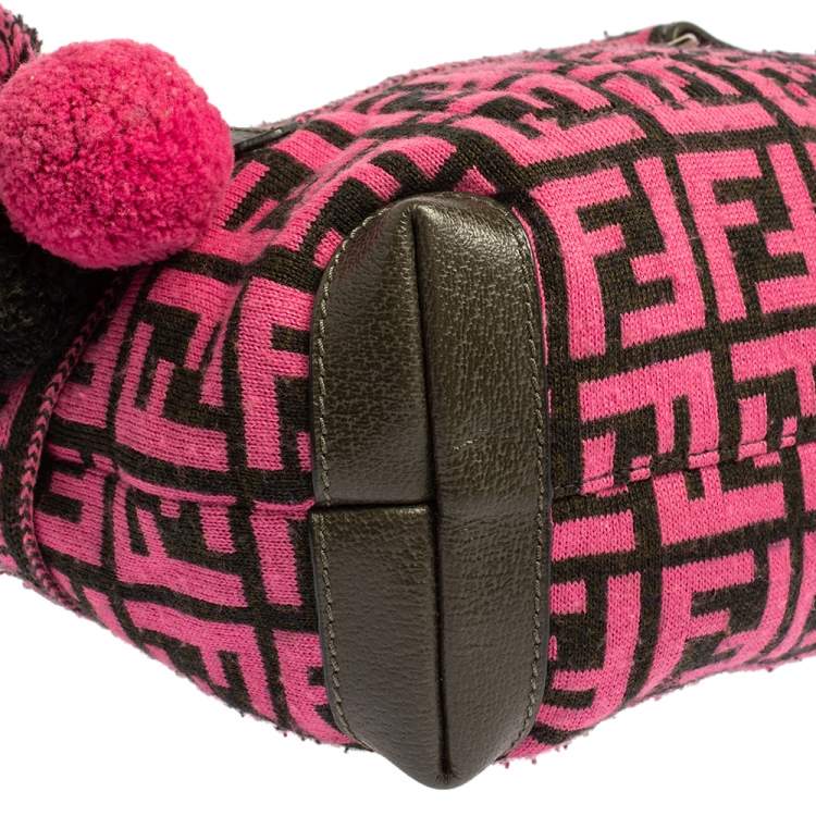 Pre Owned Fendi Pink Woven Zucca Fabric Vintage Pom Pom Small Satchel