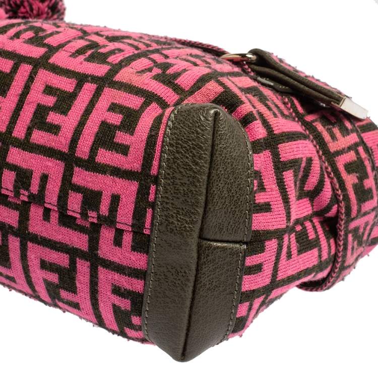 Pre Owned Fendi Pink Woven Zucca Fabric Vintage Pom Pom Small Satchel