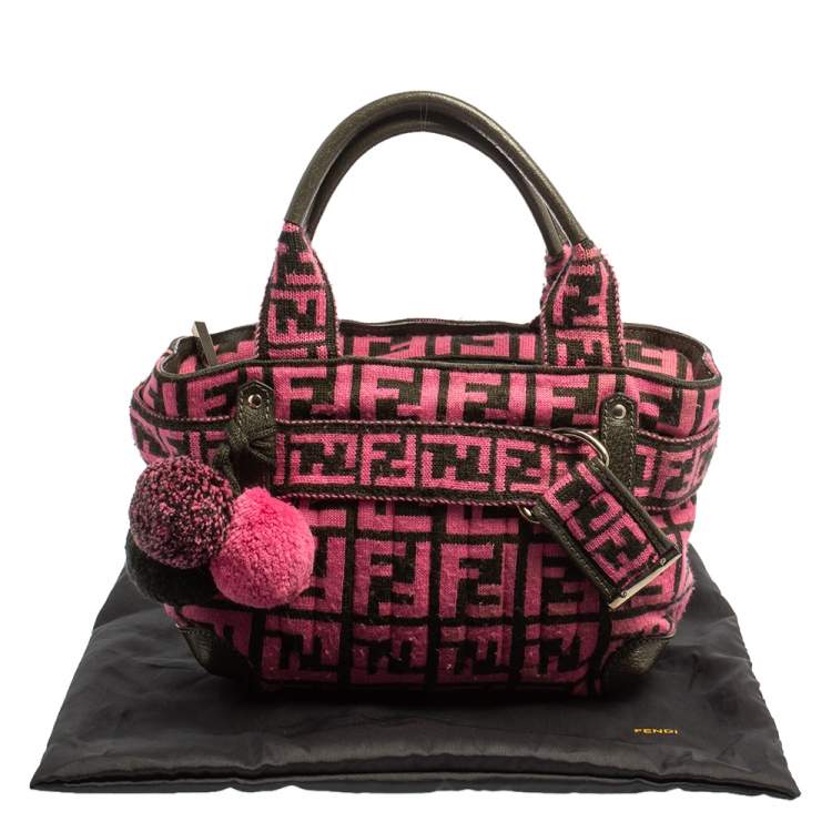 Pre Owned Fendi Pink Woven Zucca Fabric Vintage Pom Pom Small Satchel