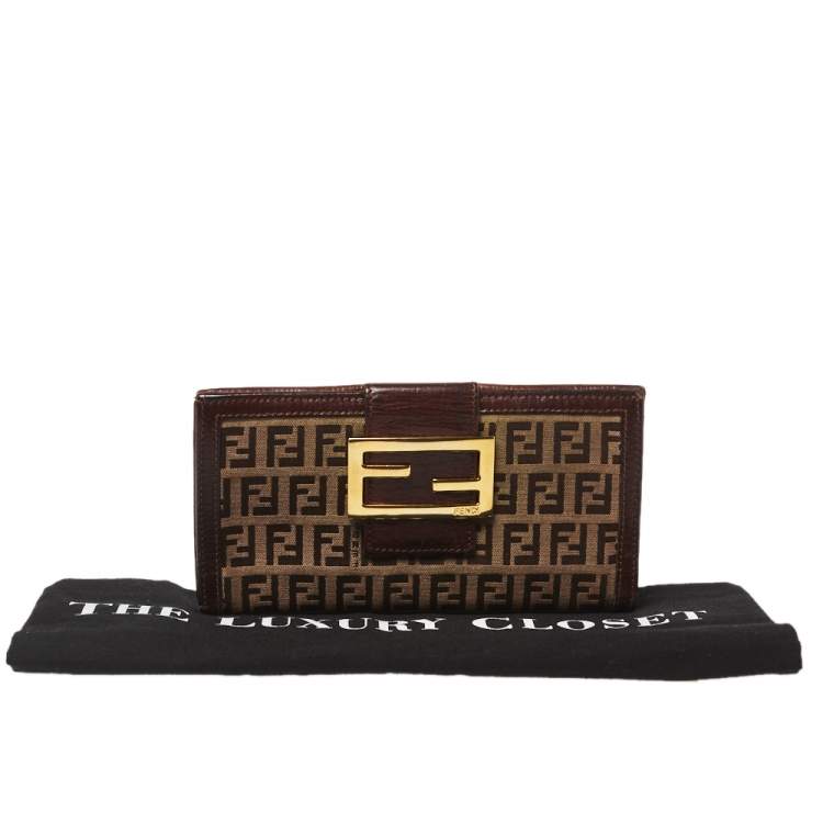 Pre Owned Fendi Bown/Beige Zucchino Canvas and Leather Logo Flap Continental Wallet