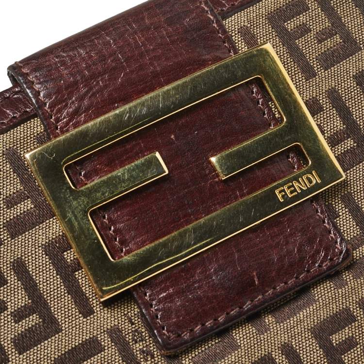 Pre Owned Fendi Bown/Beige Zucchino Canvas and Leather Logo Flap Continental Wallet