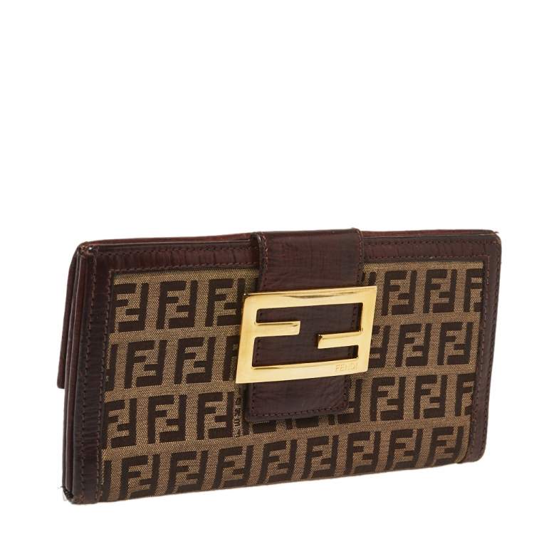 Pre Owned Fendi Bown/Beige Zucchino Canvas and Leather Logo Flap Continental Wallet