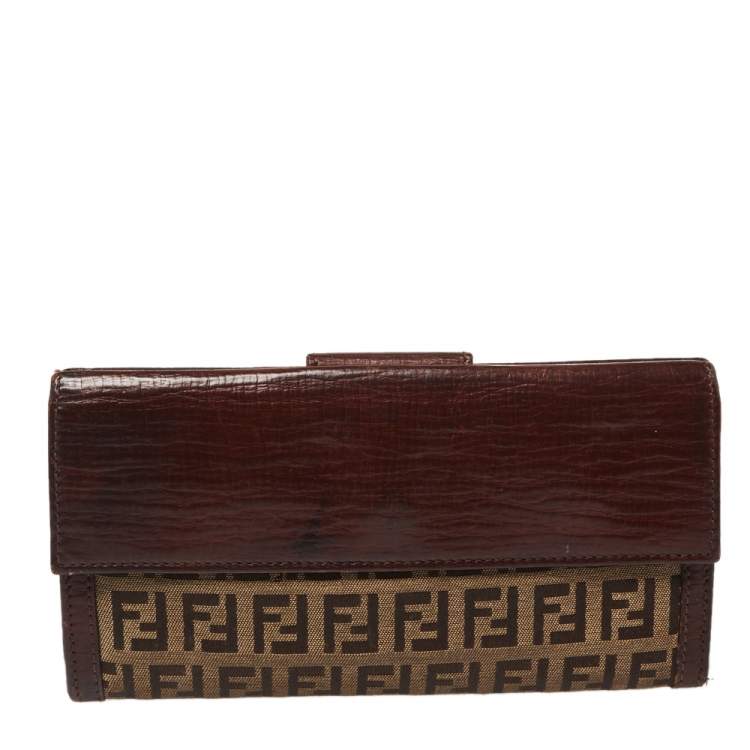 Pre Owned Fendi Bown/Beige Zucchino Canvas and Leather Logo Flap Continental Wallet