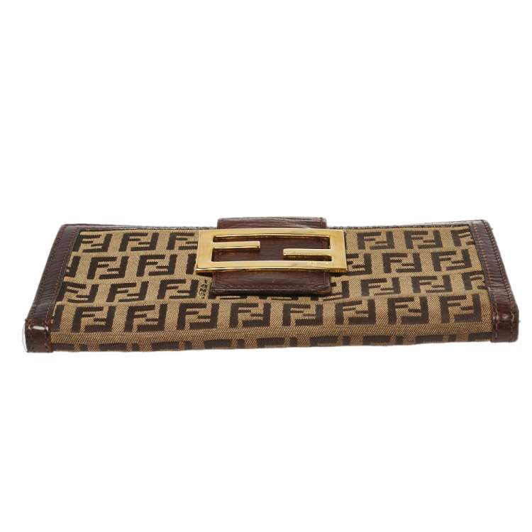 Pre Owned Fendi Bown/Beige Zucchino Canvas and Leather Logo Flap Continental Wallet