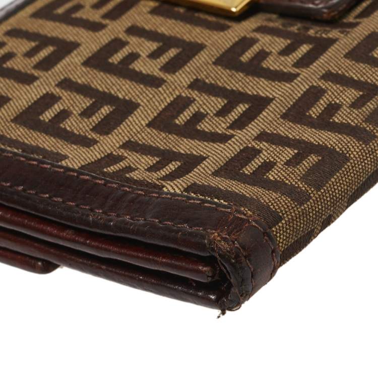 Pre Owned Fendi Bown/Beige Zucchino Canvas and Leather Logo Flap Continental Wallet