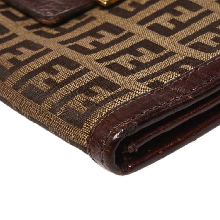 Pre Owned Fendi Bown/Beige Zucchino Canvas and Leather Logo Flap Continental Wallet