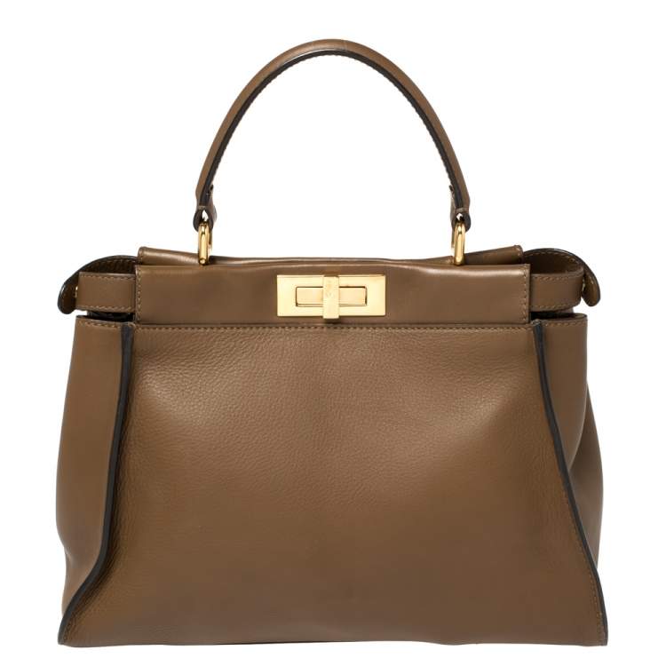 Pre Owned Fendi Brown Leather Medium Peekaboo Top Handle Bag