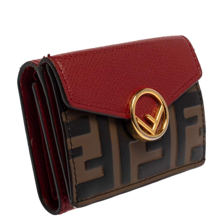 مملوكة مسبقًا Fendi Red/Brown Zucca Leather F is Fendi Trifold Wallet