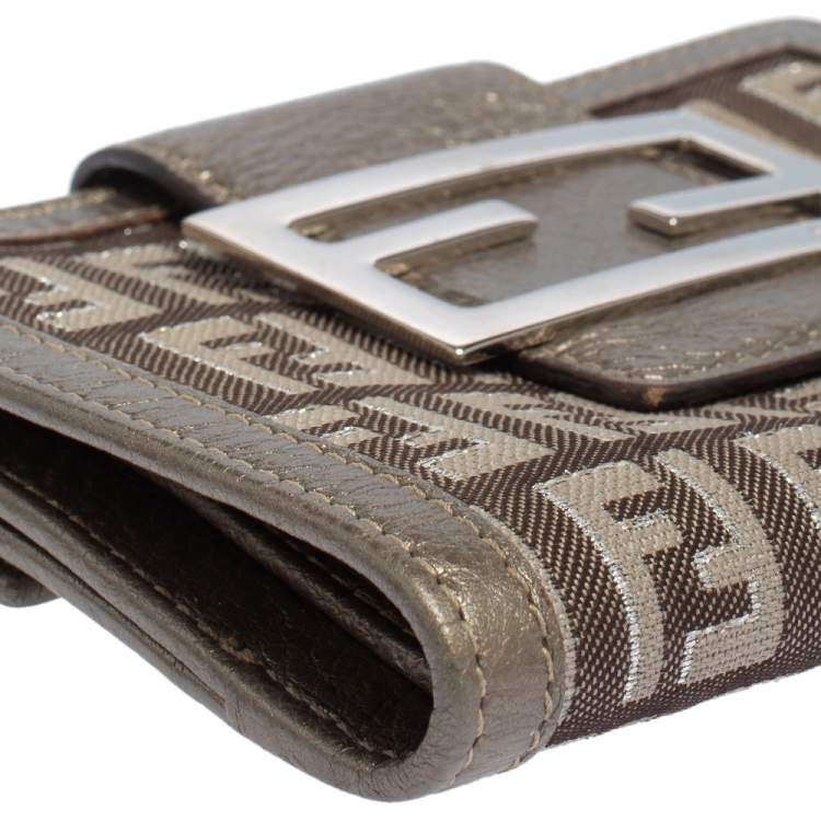 Pre Owned Fendi Silver Zucca Canvas and Leather Compact Forever Flap Wallet