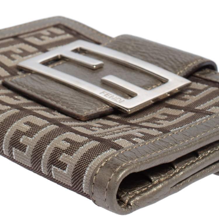 Pre Owned Fendi Silver Zucca Canvas and Leather Compact Forever Flap Wallet