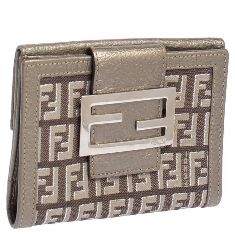 Pre Owned Fendi Silver Zucca Canvas and Leather Compact Forever Flap Wallet