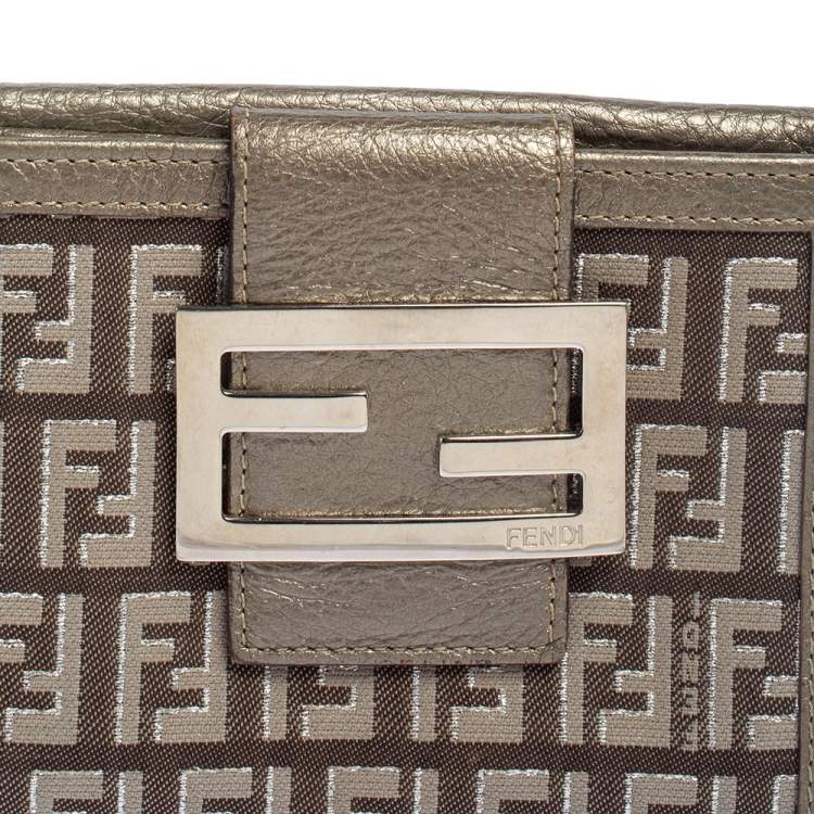 Pre Owned Fendi Silver Zucca Canvas and Leather Compact Forever Flap Wallet