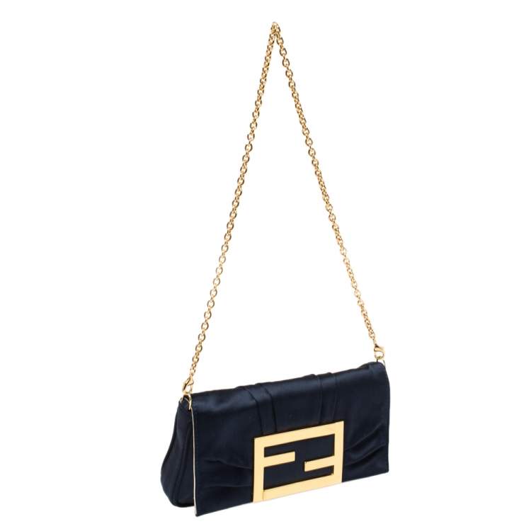 Pre Owned Fendi Navy Blue Satin Mia Pochette Bag 