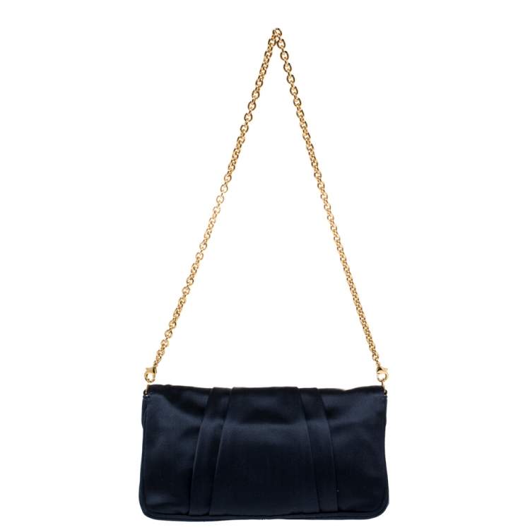 Pre Owned Fendi Navy Blue Satin Mia Pochette Bag 