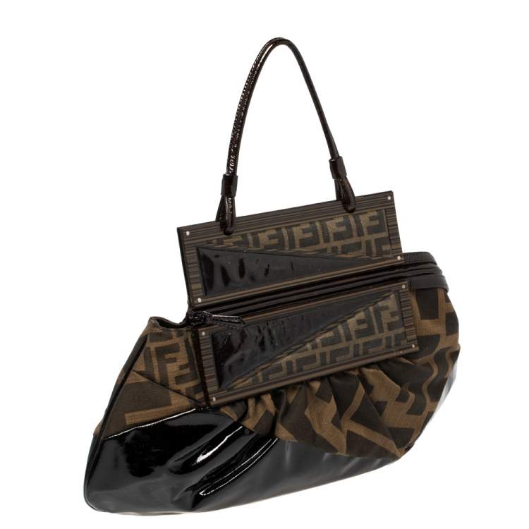 Pre Owned Fendi Tobacco Zucca Canvas and Patent Leather To You Convertible Clutch Bag