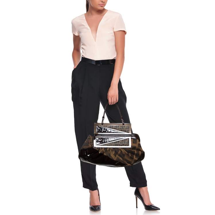 Pre Owned Fendi Tobacco Zucca Canvas and Patent Leather To You Convertible Clutch Bag