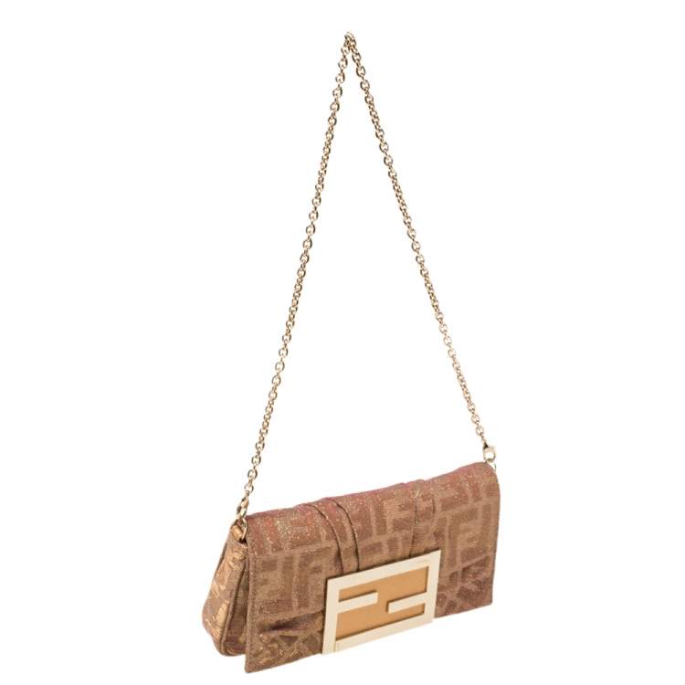 Pre Owned Fendi Gold/Pink Iridescent Lurex Fabric Mia Pochette Bag
