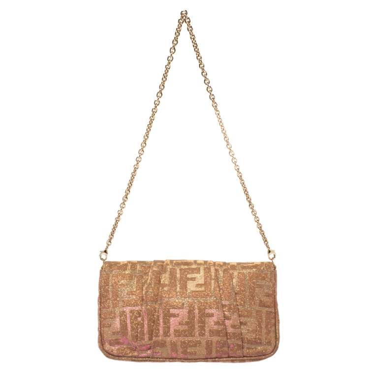 Pre Owned Fendi Gold/Pink Iridescent Lurex Fabric Mia Pochette Bag