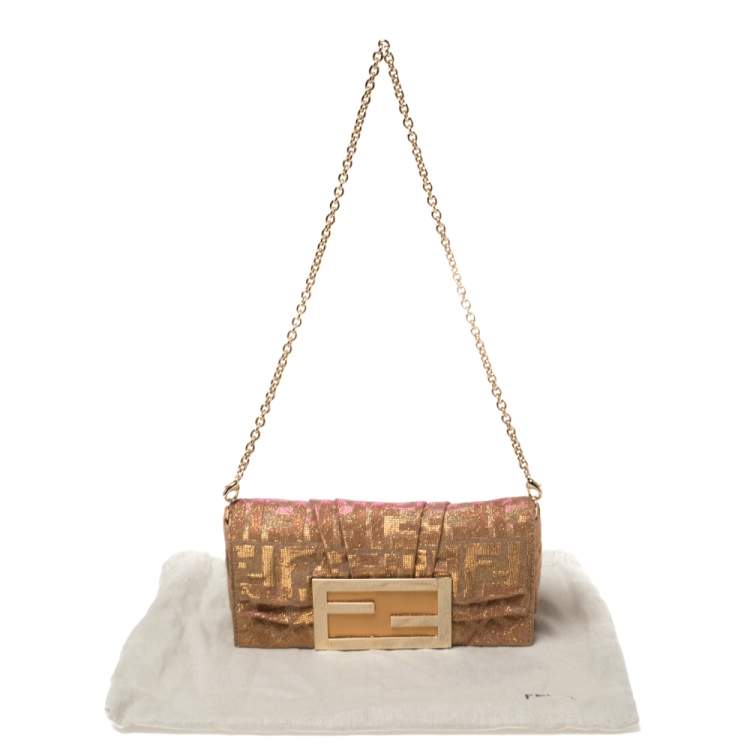 Pre Owned Fendi Gold/Pink Iridescent Lurex Fabric Mia Pochette Bag