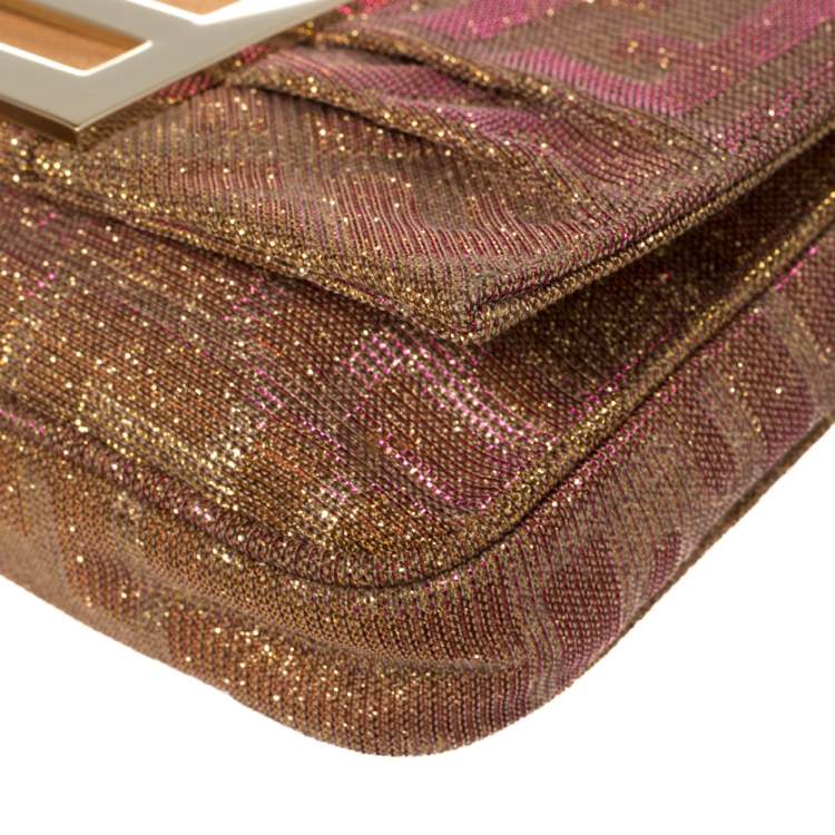 Pre Owned Fendi Gold/Pink Iridescent Lurex Fabric Mia Pochette Bag