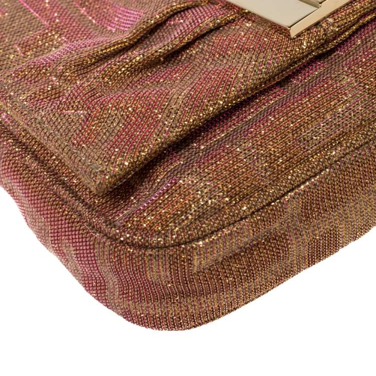 Pre Owned Fendi Gold/Pink Iridescent Lurex Fabric Mia Pochette Bag
