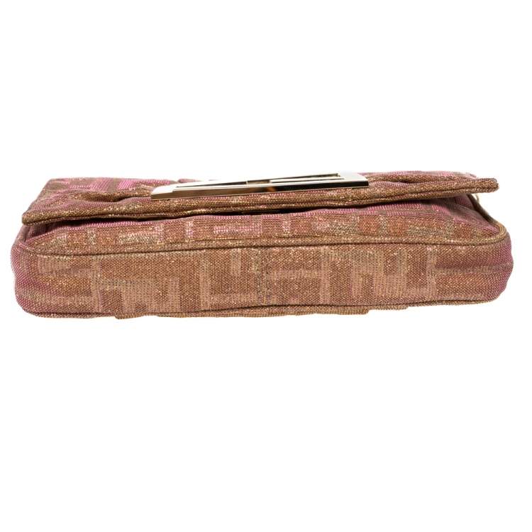 Pre Owned Fendi Gold/Pink Iridescent Lurex Fabric Mia Pochette Bag