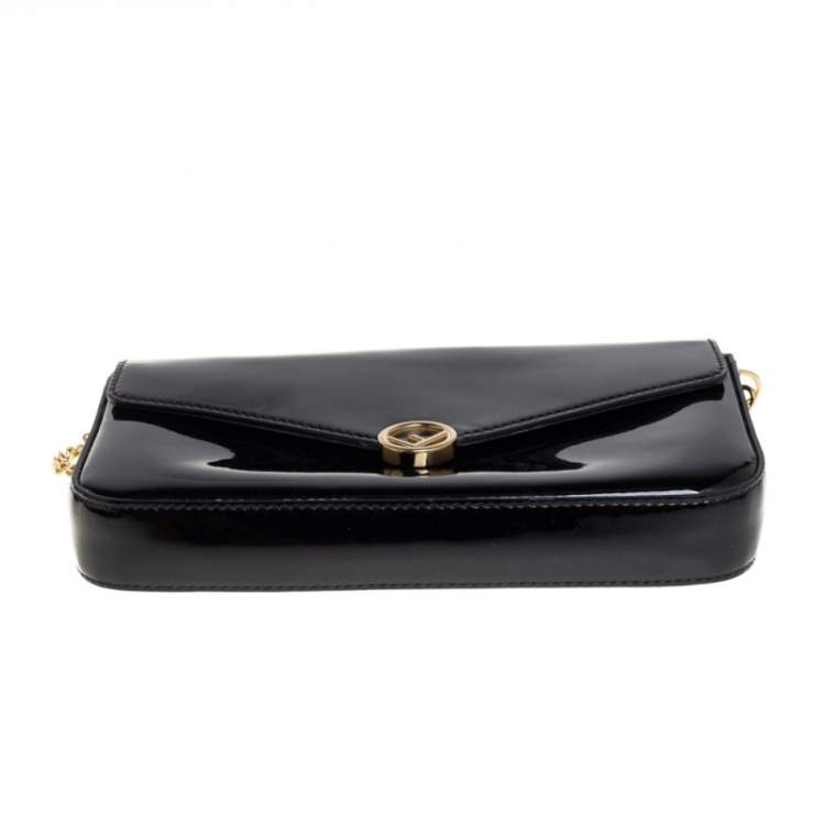 Pre Owned Fendi Black Patent Leather F Wallet On Chain