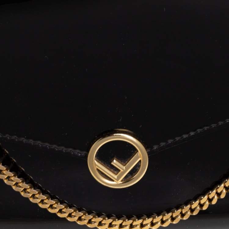 Pre Owned Fendi Black Patent Leather F Wallet On Chain