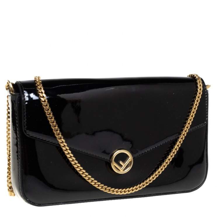 Pre Owned Fendi Black Patent Leather F Wallet On Chain