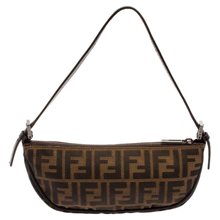 Pre Owned Fendi Tobacco Zucca Canvas and Leather Half Moon Pochette Hobo