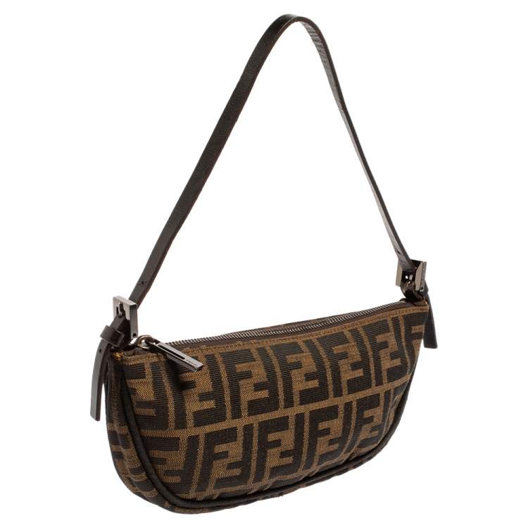 Pre Owned Fendi Tobacco Zucca Canvas and Leather Half Moon Pochette Hobo