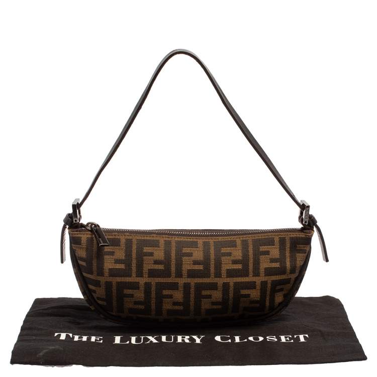 Pre Owned Fendi Tobacco Zucca Canvas and Leather Half Moon Pochette Hobo