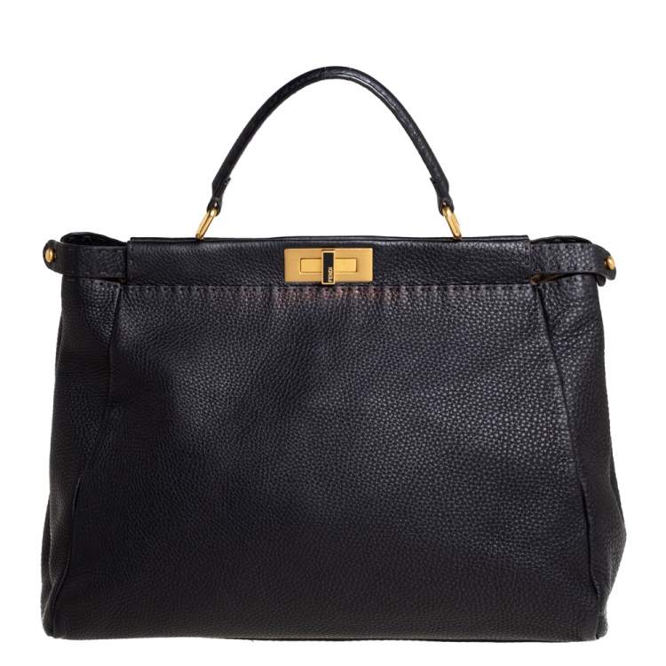 Pre Owned Fendi Black Selleria Leather Large Peekaboo Top Handle Bag