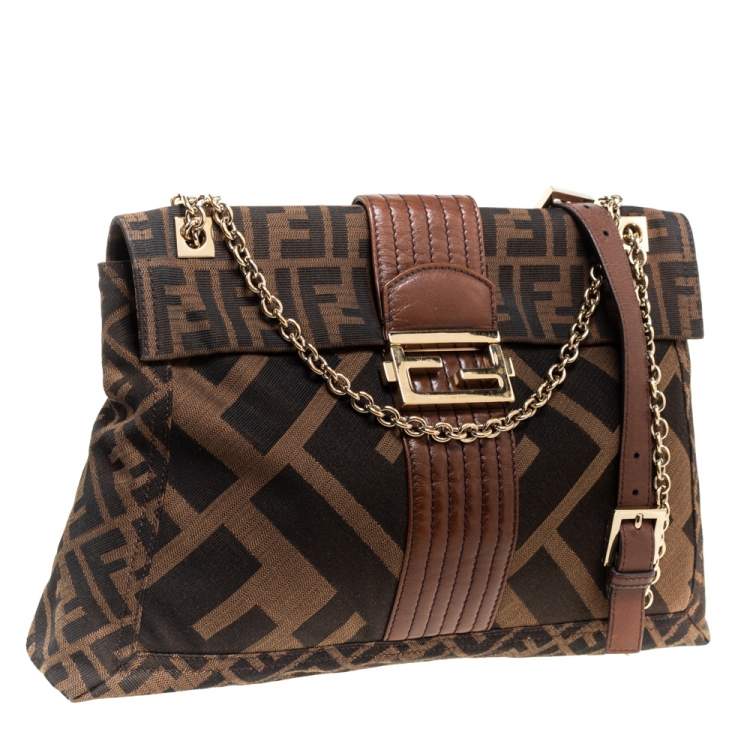 Pre Owned Fendi Brown Zucca Canvas and Leather Maxi Baguette Flap Shoulder Bag