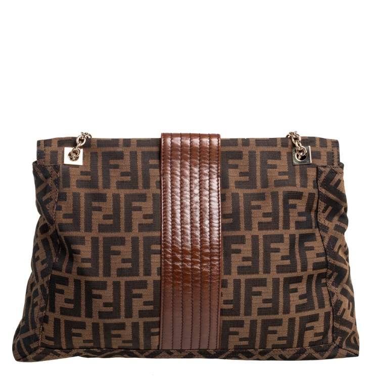 Pre Owned Fendi Brown Zucca Canvas and Leather Maxi Baguette Flap Shoulder Bag