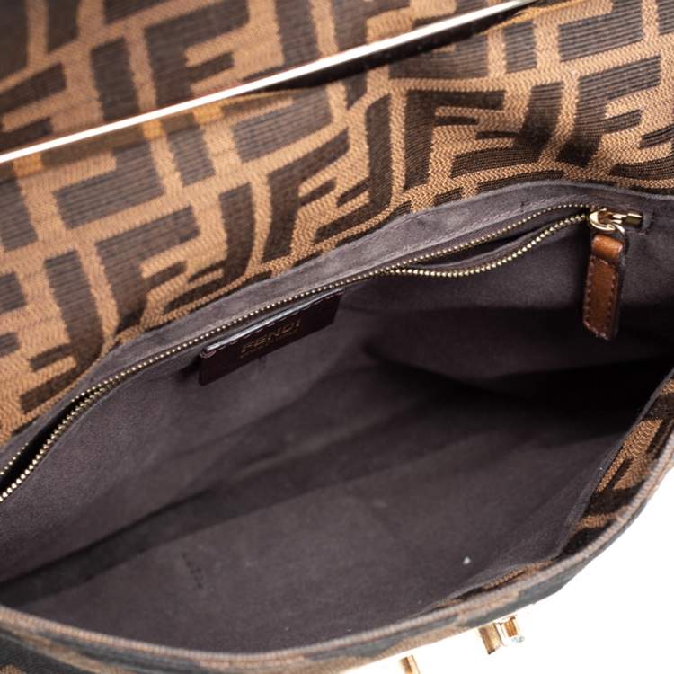Pre Owned Fendi Brown Zucca Canvas and Leather Maxi Baguette Flap Shoulder Bag