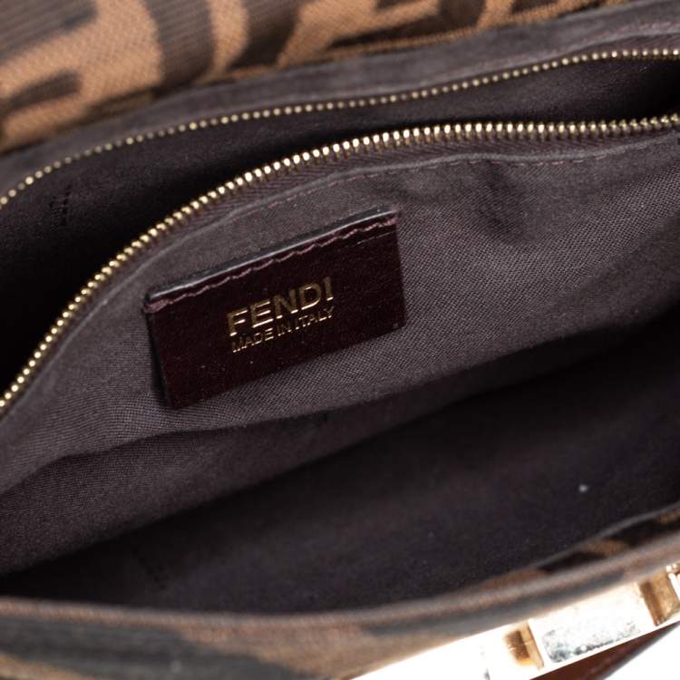Pre Owned Fendi Brown Zucca Canvas and Leather Maxi Baguette Flap Shoulder Bag