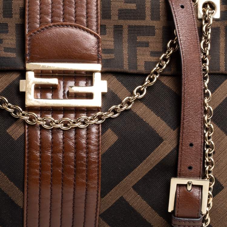 Pre Owned Fendi Brown Zucca Canvas and Leather Maxi Baguette Flap Shoulder Bag