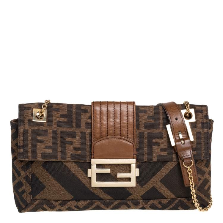 Pre Owned Fendi Tobacco Zucca Canvas and Leather Chain Baguette Shoulder Bag