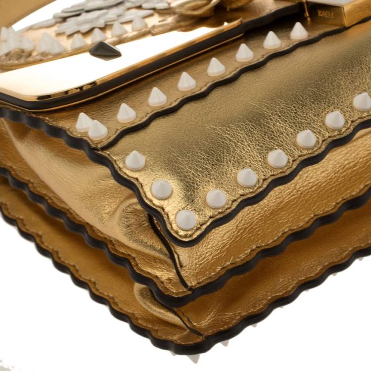 Pre Owned Fendi Gold Leather Floral Studded Kan I Shoulder Bag